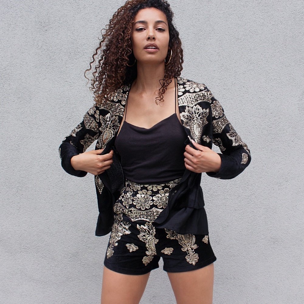 Gold Floral Pattern Jacket & Short Set - Picture 2 of 5